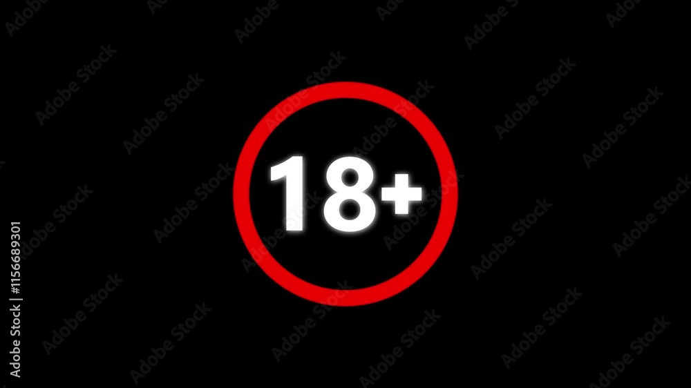 18 plus icon sign animation on dark background.Under 18 sign warning symbol.
