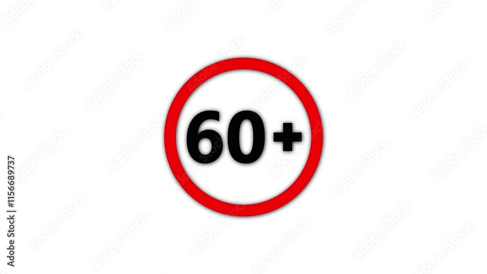 60 plus icon sign animation on white background.Under 60 sign warning symbol. 60 plus icon sign animation on white background.Under 60 sign warning symbol.