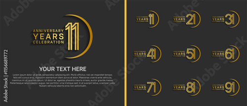 logo anniversary set. golden color with swoosh on black background for special event