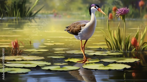 A jacana bird delicately walking across a pond s floating lily pads with its long toes spread wide showcasing the unique adaptations of this wading bird in its lush tropical wetland habitat photo