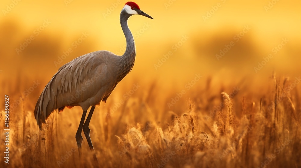 Obraz premium Majestic Sandhill Crane Stands Tall in Golden Field at Sunrise Serene Nature Landscape with Graceful Bird and Warm Morning Light