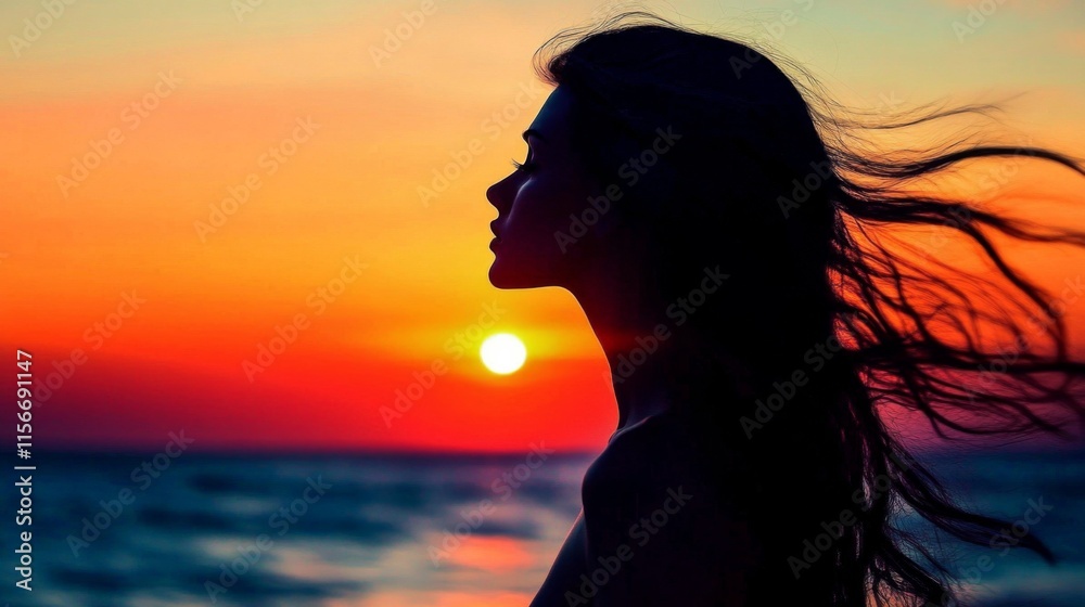Serenity: Silhouette of Woman with Flowing Hair on Young s Serenity: Silhouette of Woman with Flowing Hair on Young s