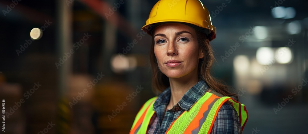 Fototapeta premium Female Construction Worker in Yellow Hard Hat and Successful engineer
