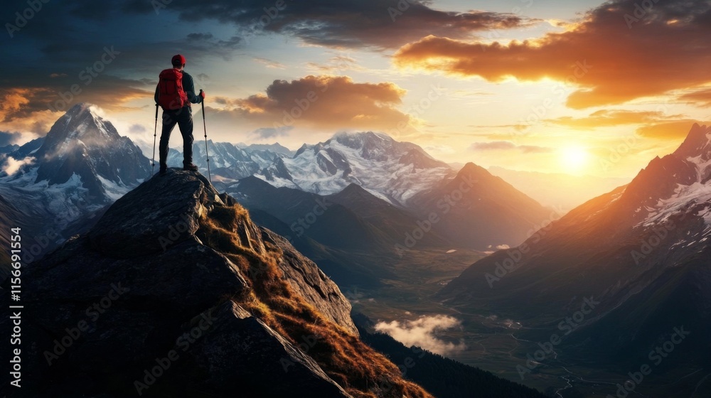 Adventurous hiker on mountain peak with red backpack Silhouette of man Adventurous hiker on mountain peak with red backpack Silhouette of man
