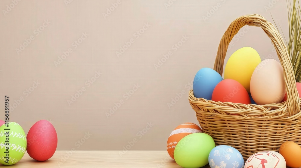 Colorful Easter Eggs in a Woven Basket on a Light Background Colorful Easter Eggs in a Woven Basket on a Light Background