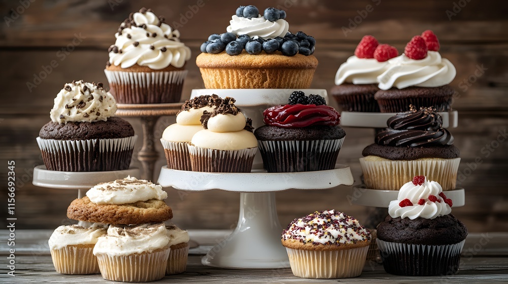 Assorted Delicious Cupcakes Displayed On Stands Assorted Delicious Cupcakes Displayed On Stands