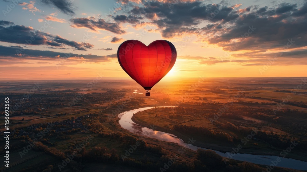 Fototapeta premium A whimsical heart-shaped hot air balloon floating above a scenic countryside at sunset