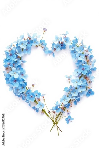 Realistic, highly detailed, and vibrant premium watercolor painting of delicate blue wildflowers arranged in the shape of a heart