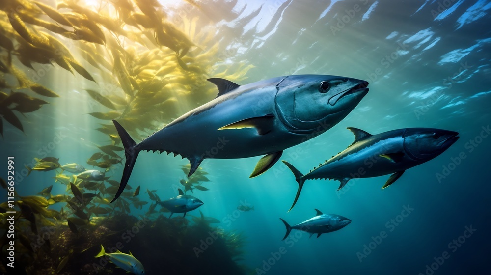 Fototapeta premium A group of juvenile tuna swimming gracefully through a vibrant kelp forest in the shallow clear waters of a marine ecosystem