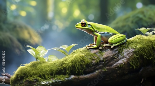 Vibrant Green Frog Perched on Mossy Rock by the Edge of a Tranquil and Serene Pond in a Lush Forest Environment