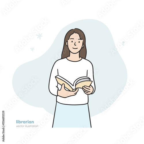 It's an illustration of a woman opening a book. It's a hand-drawn illustration element.