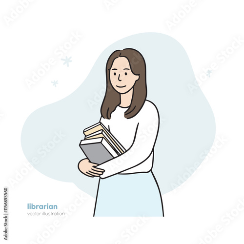 This is an illustration of a woman holding full of books. It is a hand-drawn illustration element.