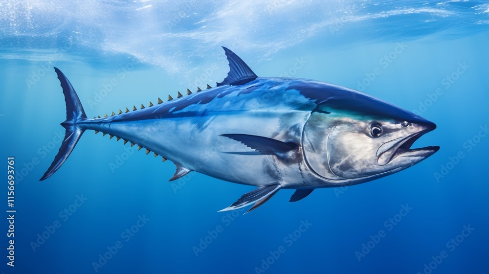 Naklejka premium Majestic Southern Bluefin Tuna Surging Through the Ocean Depths with Its Dramatic Dorsal Fin Extended Showcasing the Power and Grace of this Magnificent Marine Predator