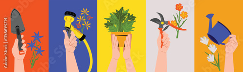 Various hands holding gardening tools, watering can, shovel, hose, shears, flowers and plants. Bright spring botanical illustration set | Flat vector illustration