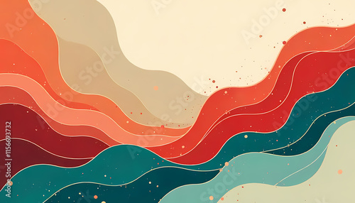 A contemporary abstract art piece with fluid, shapes in a color palette of red, teal, and beige this design embodies a modern and minimalistic aesthetic, perfect for stylish backgrounds or creative pr