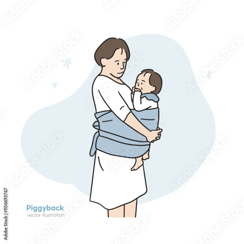 It is an illustration of a mother holding a young baby in a blanket. It is a vector element drawn by hand.