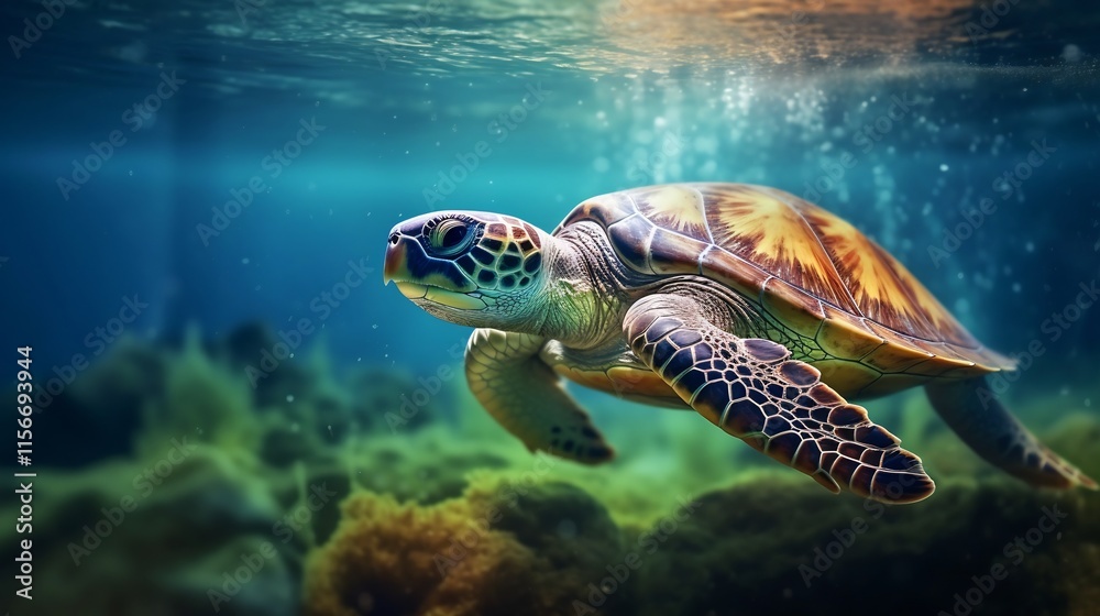 Fototapeta premium A vivid split image showcasing a turtle swimming gracefully underwater its shell partially visible above the serene surface revealing the dual nature of this captivating marine creature