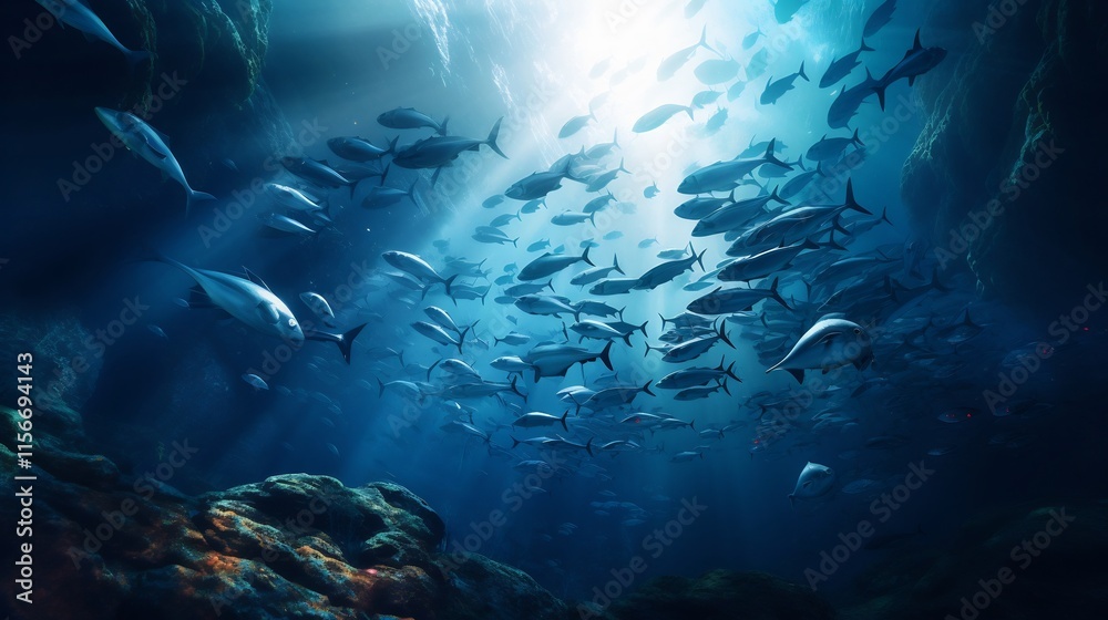 Obraz premium A mesmerizing school of tuna gracefully swimming and circling in a deep mysterious underwater canyon creating a captivating and serene natural scene full of wonder and beauty
