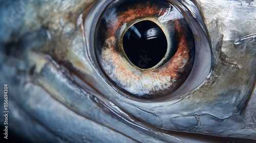This close up image showcases the intricate details of an albacore tuna s eye and gill structures providing a unique and captivating view into the biology and anatomy of this marine predator