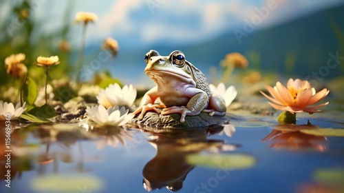 A tranquil scene of a toad resting peacefully on a lily pad in a still pond with the sky reflected in the calm water s surface creating a serene and contemplative atmosphere photo