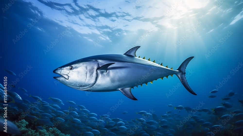 Naklejka premium Majestic Southern Bluefin Tuna Gracefully Cruising Through Vibrant Tropical Coral Atoll in Pristine Turquoise Blue Waters of the Open Ocean