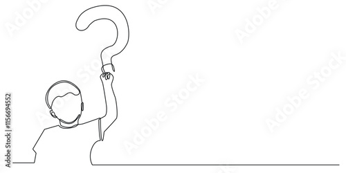 continuous line drawing of a child holding a question mark.one line drawing of a child holding a question mark above his head.single line vector illustration.isolated white background