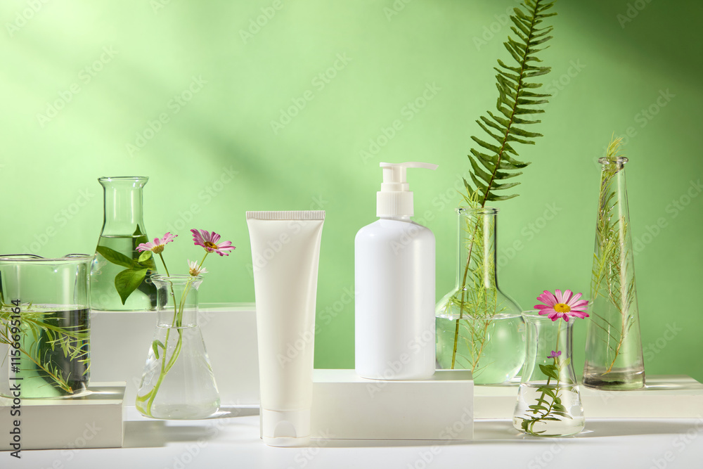 A green background for a cosmetics advertisement. Displaying an unlabeled mockup of a pump bottle and tube on white podiums, among some lab glassware with chamomiles, green teas, tea trees, and ferns. A green background for a cosmetics advertisement. Displaying an unlabeled mockup of a pump bottle and tube on white podiums, among some lab glassware with chamomiles, green teas, tea trees, and ferns.