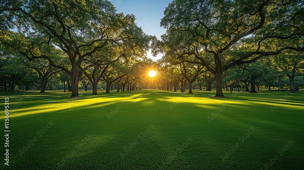 A serene landscape featuring lush green grass and trees with a sunset in the background. A serene landscape featuring lush green grass and trees with a sunset in the background.