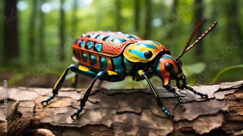 Closeup image of a colorful harlequin beetle crawling on the textured surface of a decaying tree trunk in a lush natural environment photo