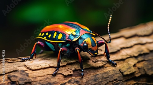 Closeup of a colorful harlequin beetle crawling across the textured decaying surface of a tree trunk in a natural outdoor setting photo