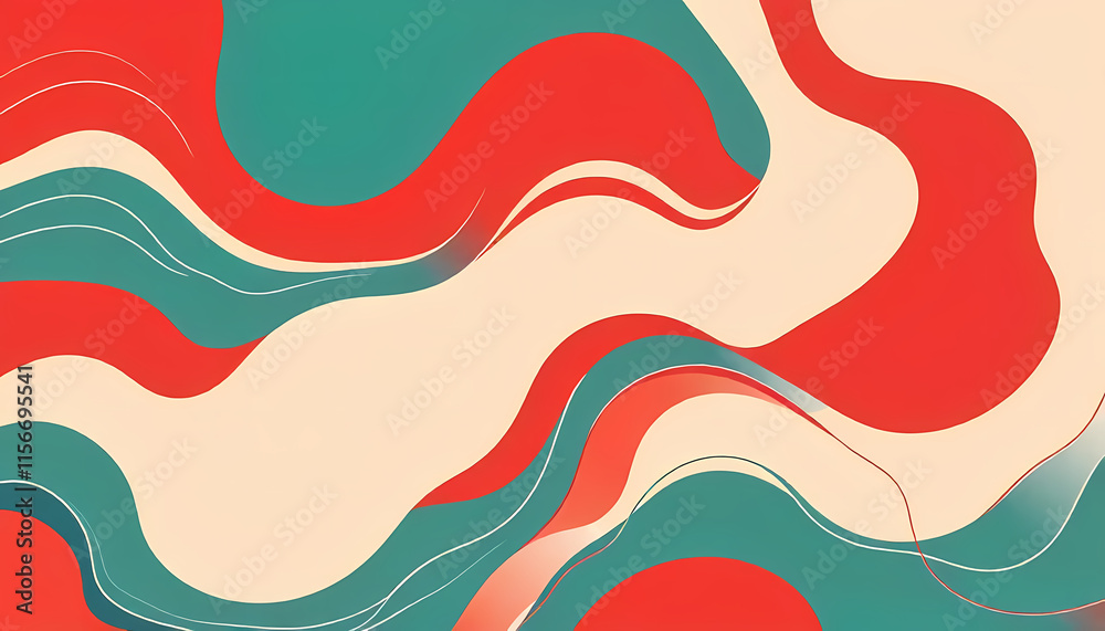 A contemporary abstract art piece with fluid, shapes in a color palette of red, teal, and beige this design embodies a modern and minimalistic aesthetic, perfect for stylish backgrounds or creative pr A contemporary abstract art piece with fluid, shapes in a color palette of red, teal, and beige this design embodies a modern and minimalistic aesthetic, perfect for stylish backgrounds or creative pr