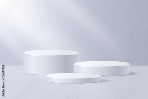 Cylindrical round podiums of different sizes isolated on light background. Vector 3d illustration.