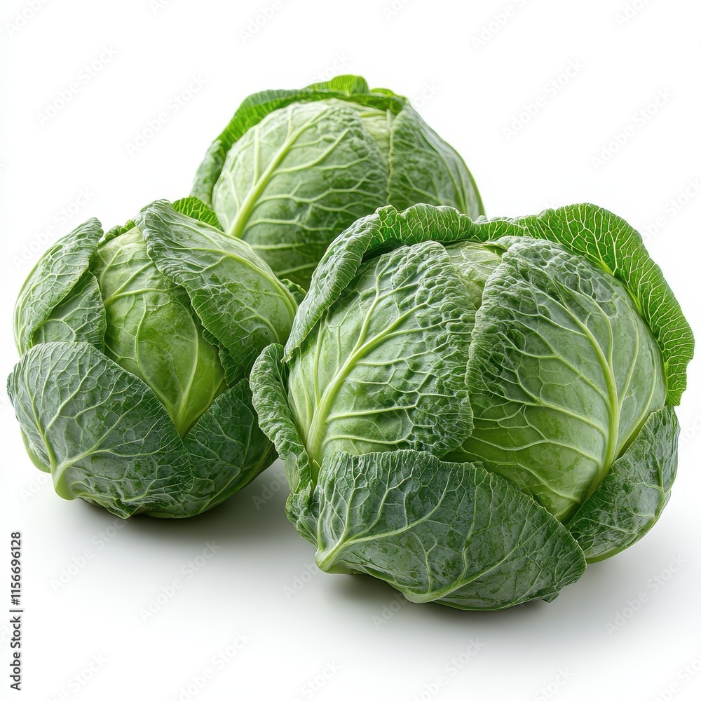 Fototapeta premium Three Fresh Green Cabbages on White Background 