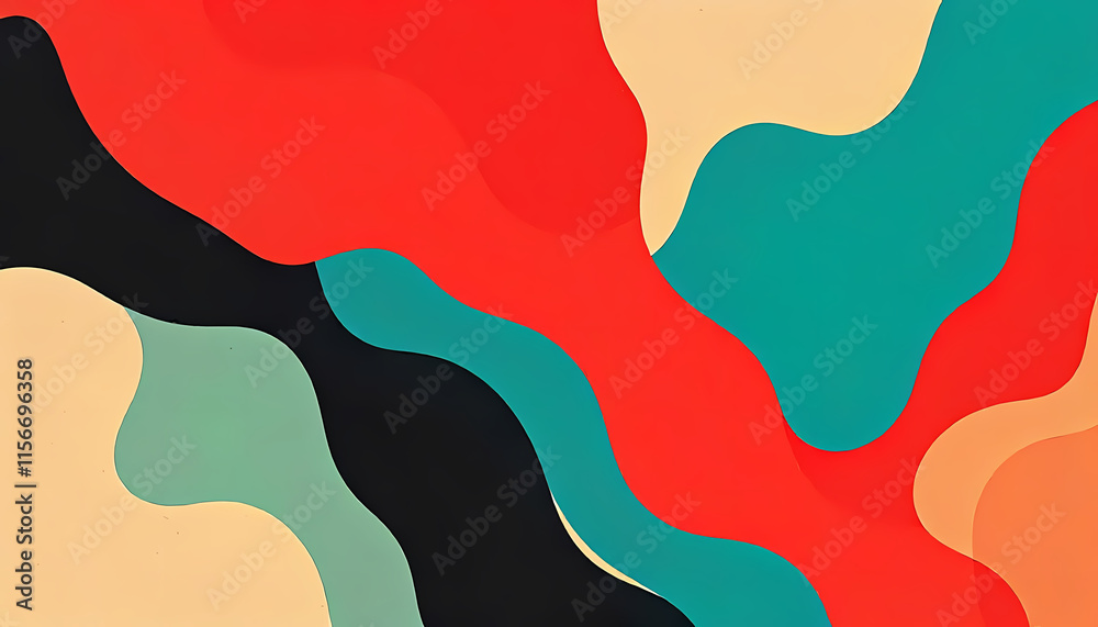 A contemporary abstract art piece with fluid, shapes in a color palette of red, teal, and beige this design embodies a modern and minimalistic aesthetic, perfect for stylish backgrounds or creative pr A contemporary abstract art piece with fluid, shapes in a color palette of red, teal, and beige this design embodies a modern and minimalistic aesthetic, perfect for stylish backgrounds or creative pr