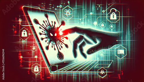 Hacker An icon of a hacker's hand placing a virus into a computer, isolated against a white background, wit3