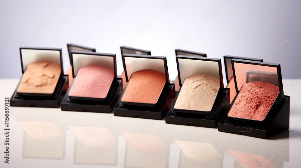 Elegant studio shot of a collection of compact makeup powders and blush palettes arranged in a professional minimalist setup against a clean white background The products feature a variety of smooth Elegant studio shot of a collection of compact makeup powders and blush palettes arranged in a professional minimalist setup against a clean white background The products feature a variety of smooth