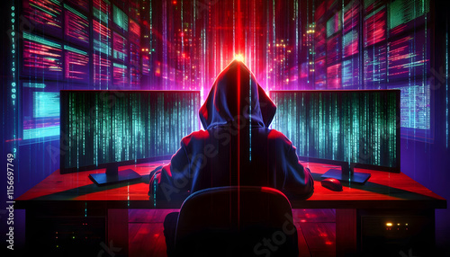 Hacker A person in a hooded jacket sitting in front of dual monitors, illuminated by pulsing purple and red4 photo