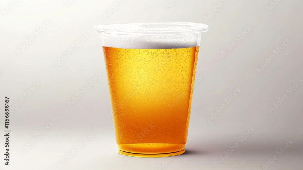 Golden Beer in Transparent Plastic Cup with Frothy Front view of draught
