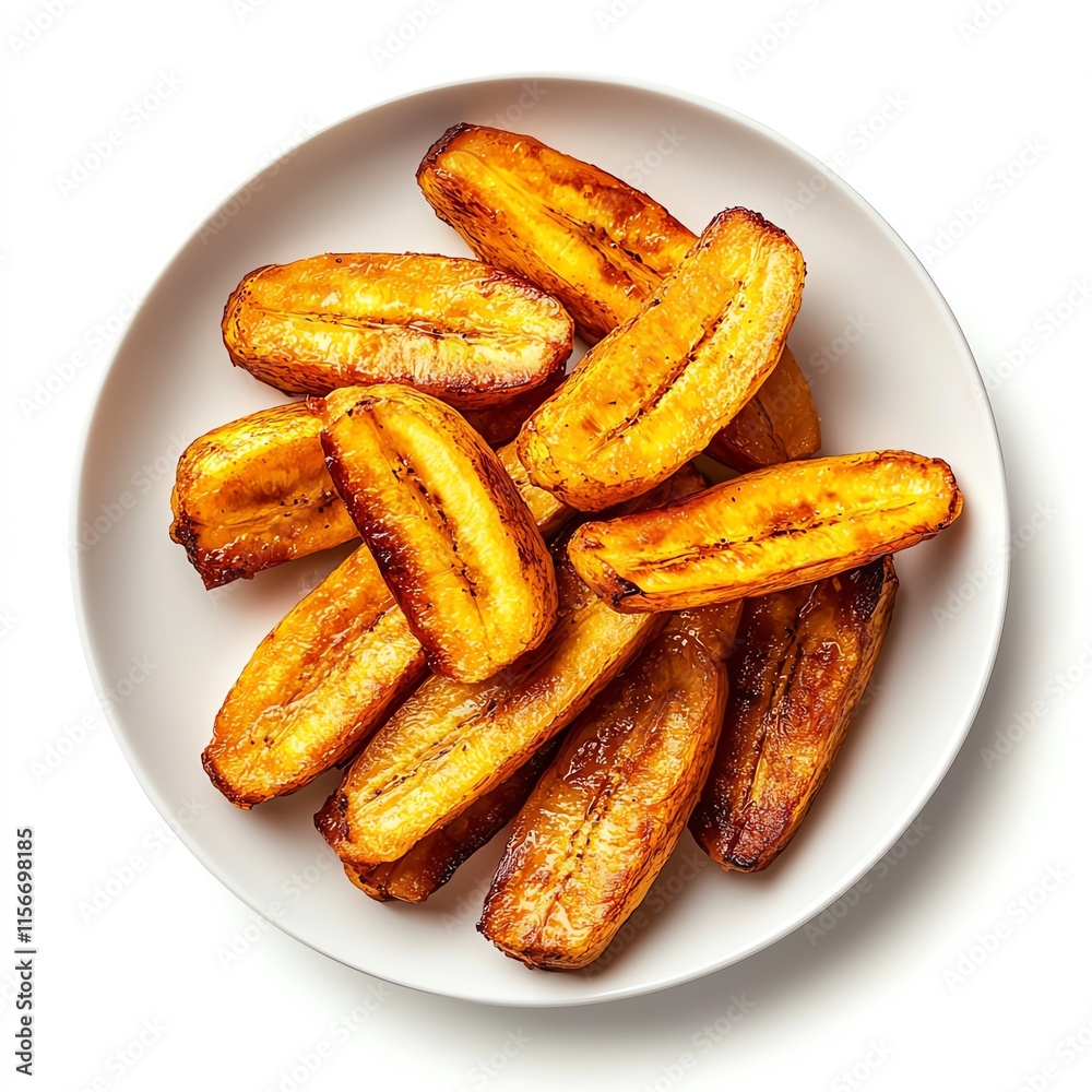 Deliciously cooked sweet plantains arranged on a white plate, showcasing their golden-brown texture and inviting aroma. Deliciously cooked sweet plantains arranged on a white plate, showcasing their golden-brown texture and inviting aroma.