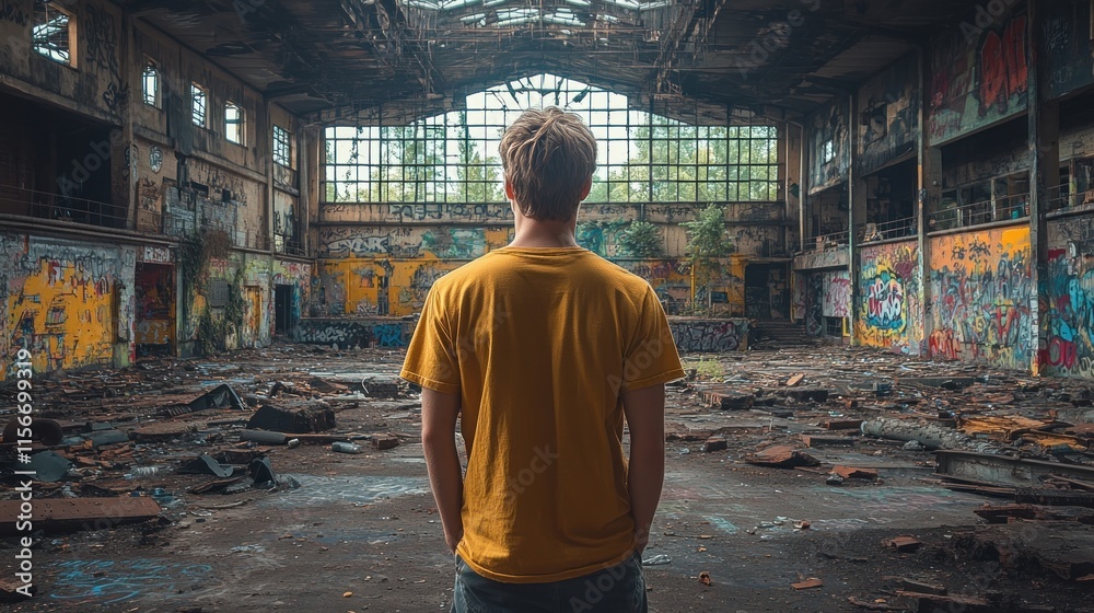 A person stands in an abandoned industrial space filled with graffiti and debris. A person stands in an abandoned industrial space filled with graffiti and debris.