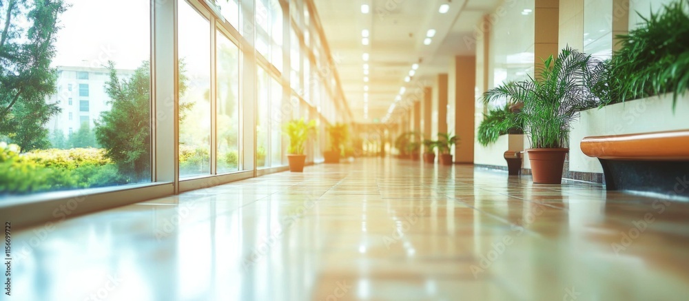 Modern Corridor with Bright Lights, Large Windows, Greenery Abstract blurred hospital Modern Corridor with Bright Lights, Large Windows, Greenery Abstract blurred hospital