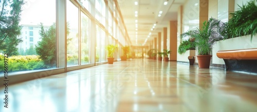 Modern Corridor with Bright Lights, Large Windows, Greenery Abstract blurred hospital