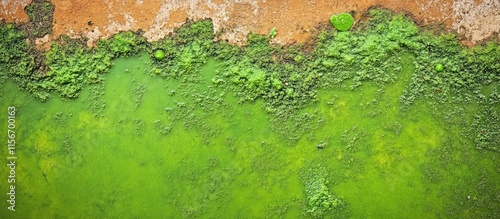 Vibrant green algae with textured brown patches on a surface creating an abstract background ideal for text placement and design projects photo