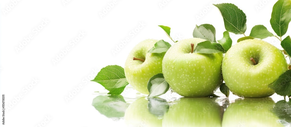 Fresh Green Apples and Leaves Reflecting on White Surface with Empty Space for Text Addition Fresh Green Apples and Leaves Reflecting on White Surface with Empty Space for Text Addition
