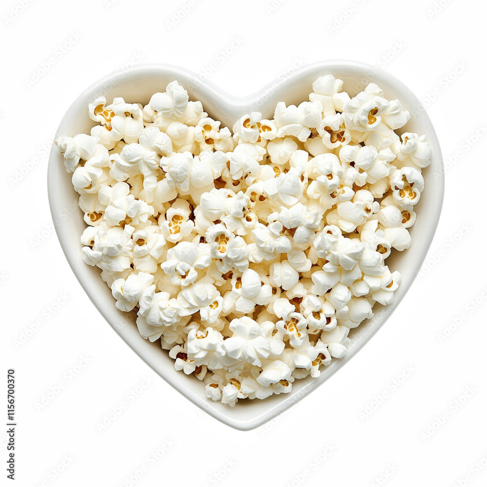 Fresh popcorn in white heart shaped bowl isolated on transparent background Generative Ai. Fresh popcorn in white heart shaped bowl isolated on transparent background Generative Ai.