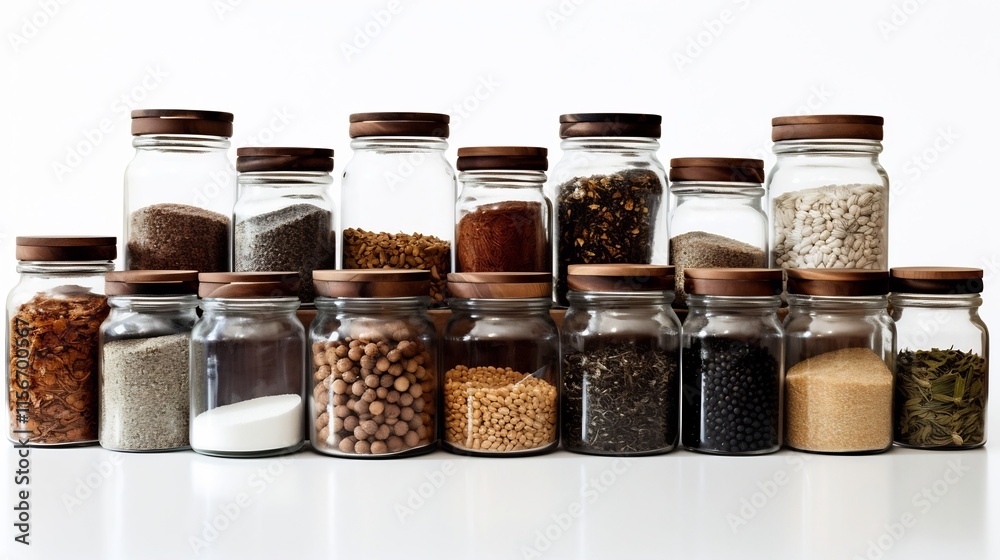 Assortment of Glass Storage Jars Filled with Various Grains Spices and Culinary Ingredients Arranged on a Clean White Background for Minimalist Organic and Natural Cooking or Recipe Concepts Assortment of Glass Storage Jars Filled with Various Grains Spices and Culinary Ingredients Arranged on a Clean White Background for Minimalist Organic and Natural Cooking or Recipe Concepts