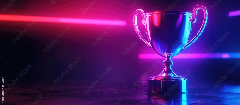 Neon trophy illuminated in vibrant colors creating a fantasy atmosphere with space for customized text or branding elements