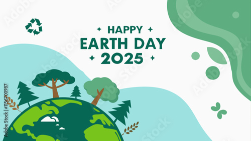 Happy Earth Day 2025 graphic design with planet Earth and tree elements on a white background

