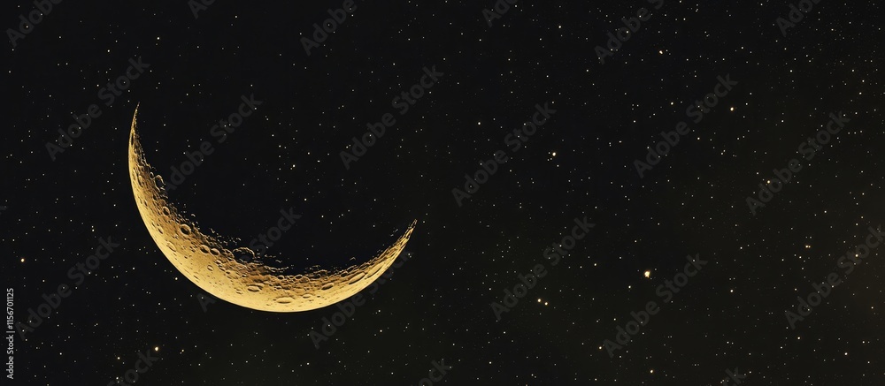 Naklejka premium Glowing crescent moon and twinkling stars in a dark night sky with blank space for text or design elements
