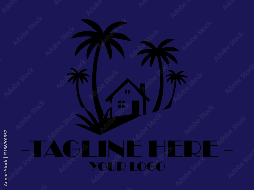 Naklejka premium Black house with palm trees design vektor, a unique and modern architecture concept for real estate, travel, and lifestyle content